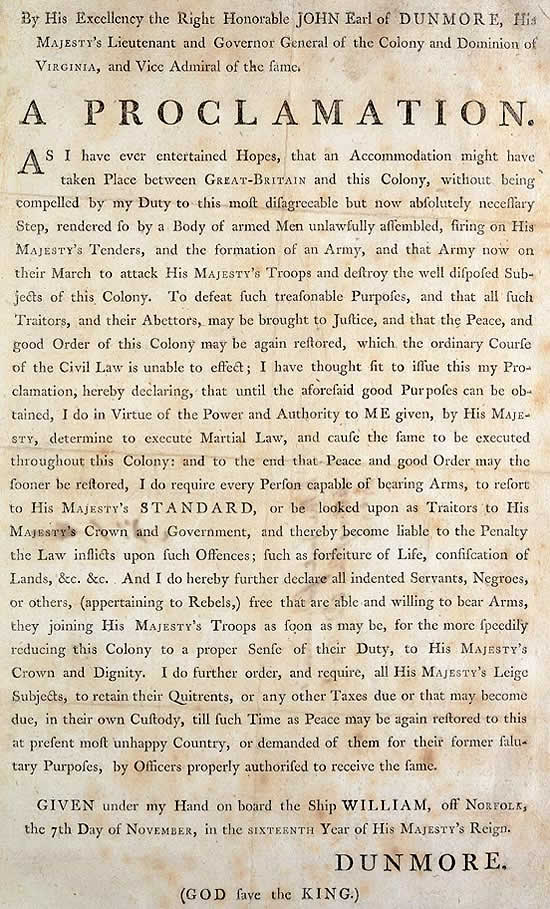 A Proclamation by John Earl of Dunmore in Virginia 7 November 1775